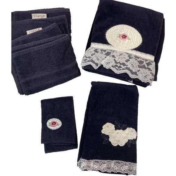 Vintage 90s Bath Towel Set Black Floral Lace Hand Fingertip Washcloth 80s USA - Picture 2 of 7